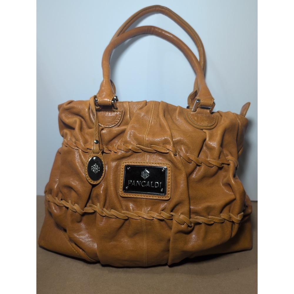Pancaldi Brown Tan Leather Purse Italy Double Handle boho hippie
